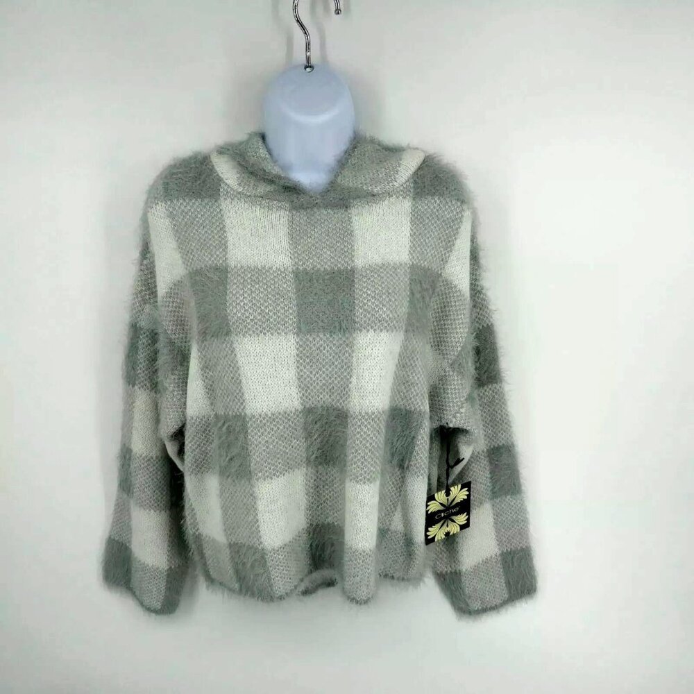 Cliche' Gray & White Plaid Large Hooded Sweater NWT